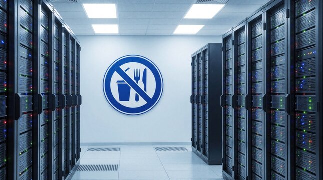 Large prohibition sign on white wall in modern data center. No food drink allowed near server racks. High tech facility with computer hardware, digital storage, network equipment. Safety warning