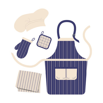 Blue chef apron with chef hat pot holder oven mitten vector illustration isolated on transparent background, kitchen barbecue cook clothing set flat svg.