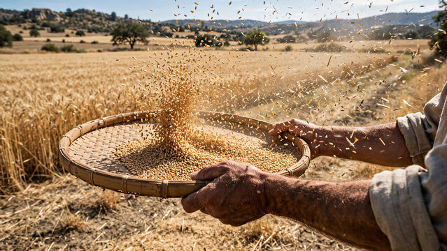Traditional wheat winnowing process, farmer hands holding wooden sieve with flying grain, rustic agricultural harvest in golden field