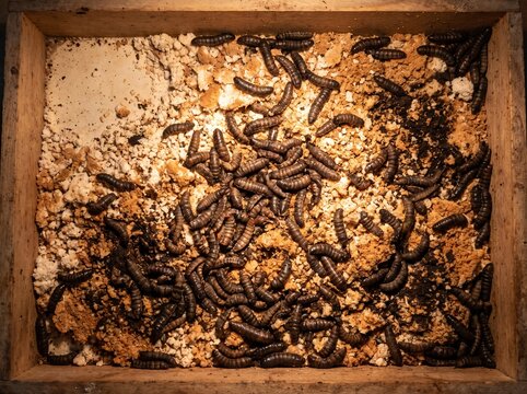 Black soldier fly larvae massed across a shallow rearing tray