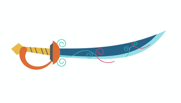 Stylized cartoon vector scimitar sword with an elegant curved blue blade, golden hilt, and decorative swirls.