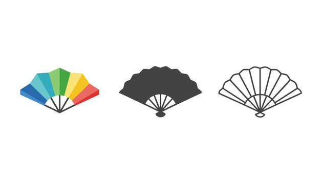 Vector illustration showing three distinct styles of folding hand fans in colorful, silhouette, and thin line outlines.