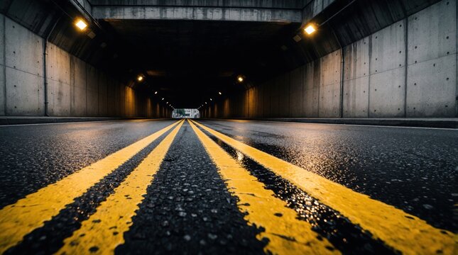 Wet asphalt road inside concrete tunnel. Yellow lines lead toward dim lights at distant exit. Urban passage has wet concrete walls and ceiling. Moody perspective.