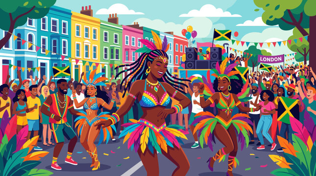 Caribbean carnival parade with dancers and colorful costumes.