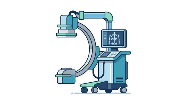 C-arm fluoroscopy system with digital monitoring screen.