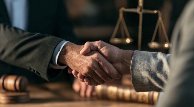 Business Handshake in Law Office with Justice Scale and Law Books