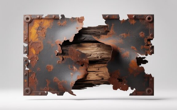 Rusty metal sheet torn over weathered wooden timber plank for industrial aged surface background.