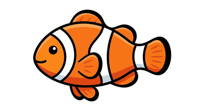 Cartoon clownfish swimming left on white.