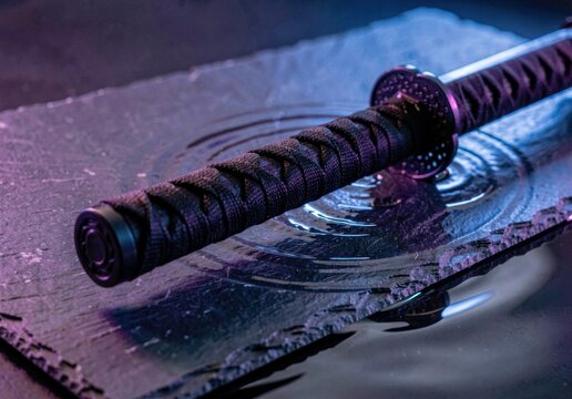 Japanese Katana Sword Hilt on Wet Stone with Dramatic Neon Lighting