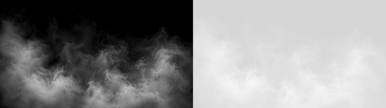 透明背景の白い煙と霧が横長に広がるPNG、もくもくと立ちのぼるスモーク、霞む蒸気、濃淡のある雲状の靄、ぼやけた拡散表現、暗い空間に漂う幻想的な煙幕、合成向けの素材.