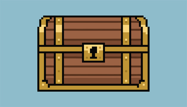 Retro pixel art wooden treasure chest with brass bands and keyhole isolated on light blue background for game design.