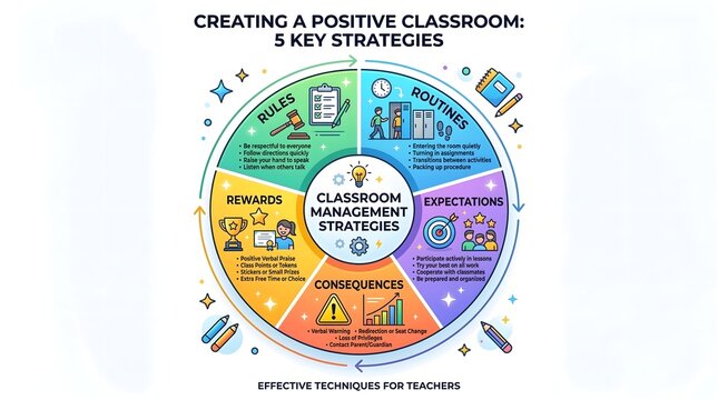 Educational classroom management strategies infographic, 5 key strategies for positive teaching, school behavior rules and routines chart