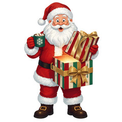 Fototapeta premium Cheerful santa claus holding a glowing gift box and a mug of hot cocoa isolated on transparent background