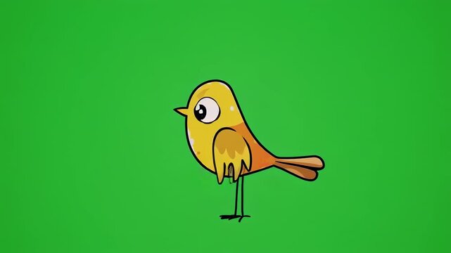 Animated cartoon bird walking sequence on green screen for motion graphics and animation projects