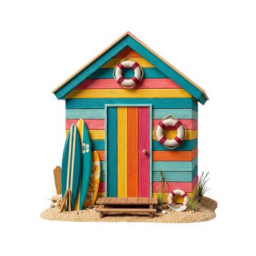 Colorful miniature beach hut 3d model render with surfboards