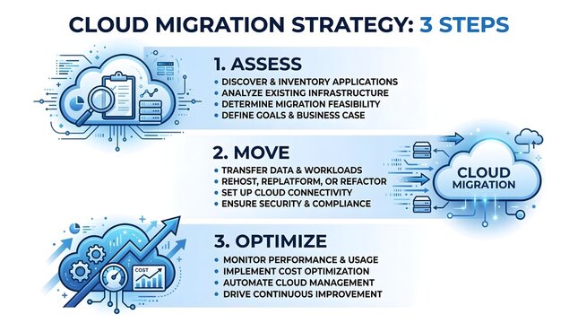 Cloud migration strategy infographic, 3 steps business process diagram. Blue technology roadmap for assess move and optimize stages.