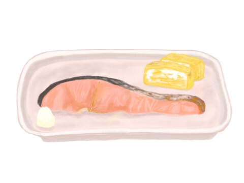お皿に鮭と卵焼きが乗ったイラスト