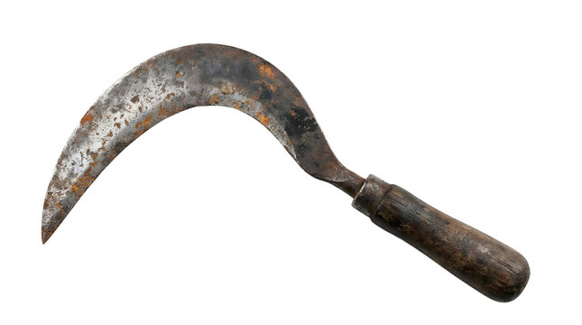 Vintage rusty iron sabit sickle farming tool for harvest isolated on transparent white background