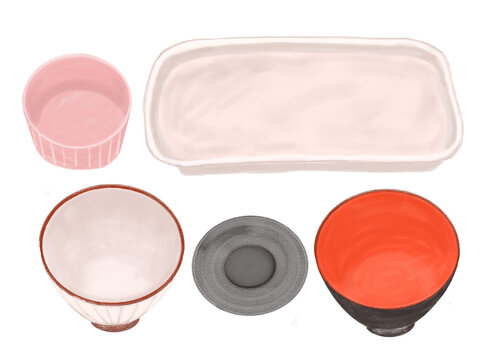 家庭用で朝食や昼食の一人分の和食器イラスト
