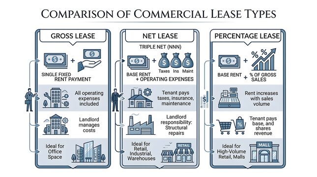 Commercial lease types comparison infographic, gross lease and net lease business chart, percentage lease agreement guide for real estate