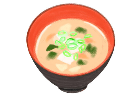 黒いお椀にわかめと豆腐と大根・人参・ネギが入った美味しそうなお味噌汁イラスト
