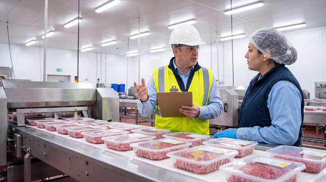 Supervisor talking to machine beside meat processing conveyor with clipboard and female worker in protective clothing