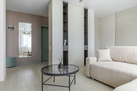 Modern Open-Plan Living Room and Hallway Interior View