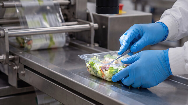Blue gloved hand inspecting sealed food container on industrial packaging line, quality control worker checking fresh salad package for hygiene, safety, and proper closure in factory