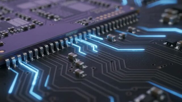 Close-up video of a computer processor on a circuit board with glowing blue data signals moving through traces.