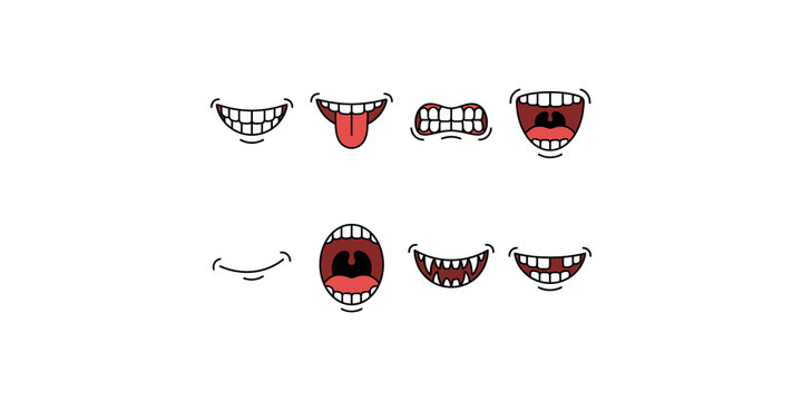 Set of eight cartoon mouth expressions featuring teeth tongues and lips isolated for character animation and facial design.