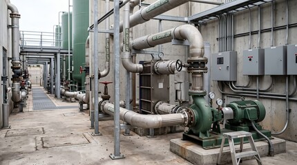 Naklejka premium Industrial wastewater treatment facility interior with complex steel pipe system and green pump