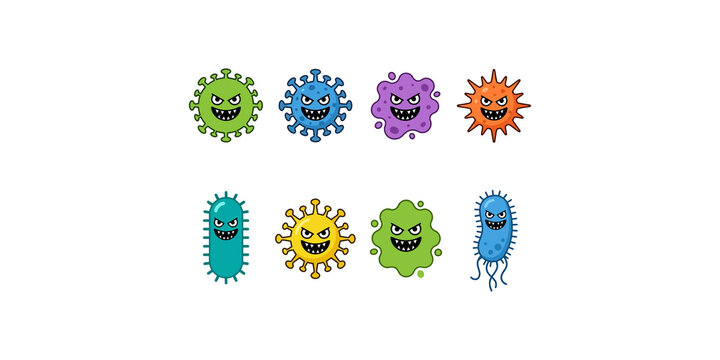 Various colorful infectious virus and bacteria microorganisms with angry faces for biological research medical health education.