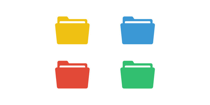 Set of four simple file folder icons in yellow blue red and green colors for business document management and digital systems.