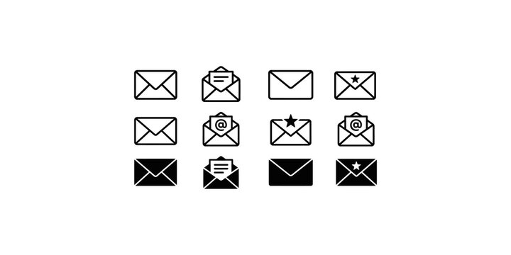 Set of email icons and envelope symbols, digital communication and postal service, mail notification graphics.