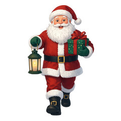 Fototapeta premium Cheerful santa claus walking with a lantern and a gift box, isolated on transparent background