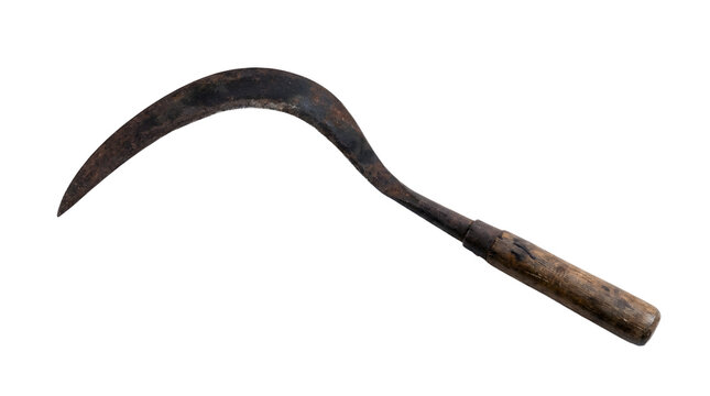 An old, rusty sickle with a wooden handle isolated on a white background, a traditional farming tool