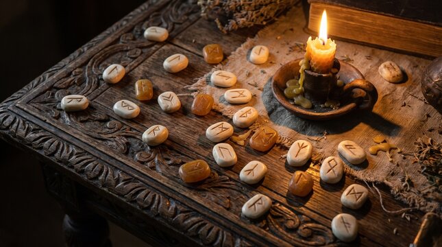 Rune stones scattered on divination table with candle, mystical still life