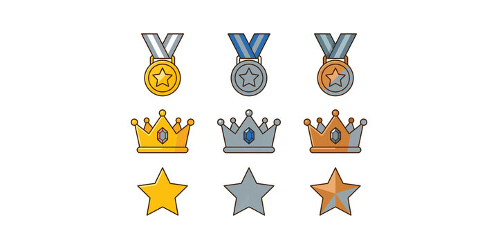 Set of gold silver and bronze medals crowns and stars vector illustration for game achievement badges awards and user ranking.