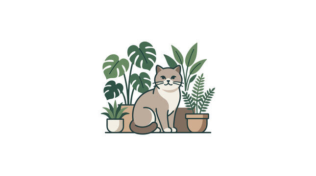Grey and white cat sitting with multiple potted houseplants.