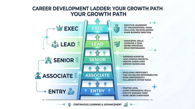 Career development ladder infographic, professional growth path diagram, corporate hierarchy levels from entry to exec
