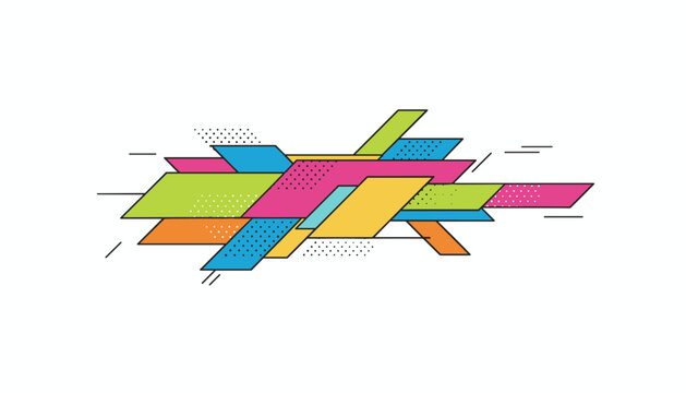 Geometric abstract art piece with multicolored overlapping rectangles and diagonal lines on a white background.