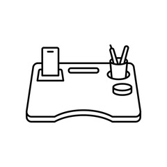 Obraz premium Top-view minimal line icon showing a clean, organized desk layout with phone stand, pen holder, and workspace items. 