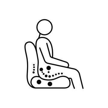 Line art icon showing a side profile of a person sitting on an ergonomically contoured seat cushion with spine support points.