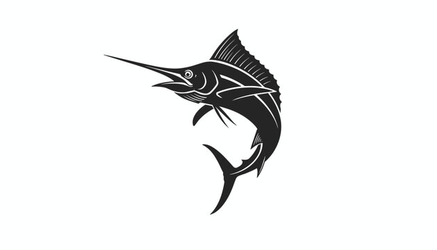 Leaping swordfish marlin captured in a dynamic black and white stencil art style over a white background.