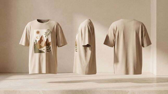 Beige T Shirt with Mountain Nature Graphic Design