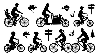 Naklejka premium Family Cycling and Outdoor Bicycle Activity Silhouette Set with Cargo Bike, Child Seats, Helmets, and Kids Training Bikes for Active Lifestyle Designs