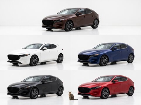 Collection of six modern mazda cars in different colors on clean background