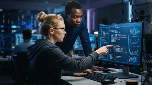Professional developers working closely to improve an AI system through detailed code analysis.