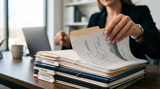 Business professional organizing financial documents and file folders at desk.