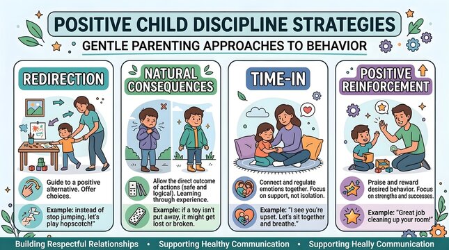 Positive child discipline strategies infographic, gentle parenting approaches to behavior, educational guide for redirection and reinforcement